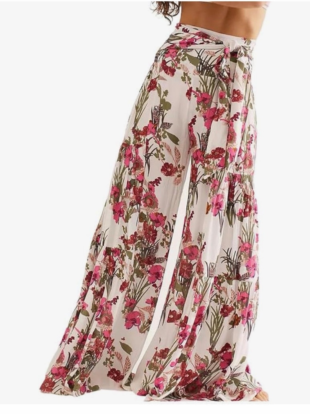 Floral Pallazo Wide-Leg Tie-Waist Pants - Pink Floral